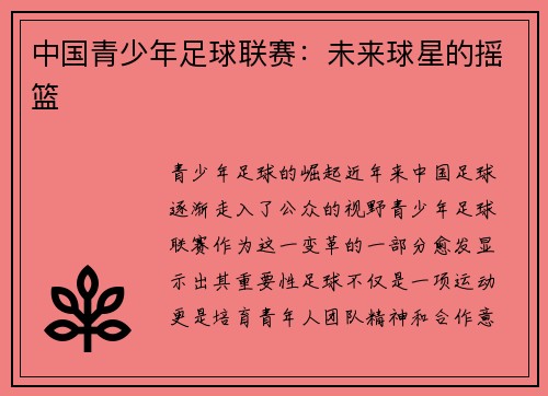 中国青少年足球联赛：未来球星的摇篮