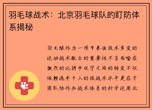 羽毛球战术：北京羽毛球队的盯防体系揭秘