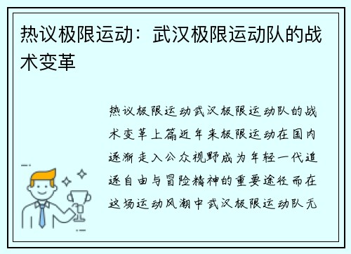 热议极限运动：武汉极限运动队的战术变革