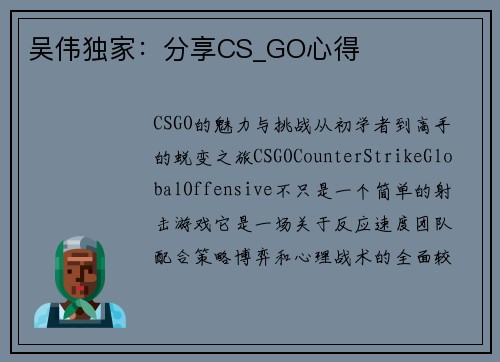 吴伟独家：分享CS_GO心得