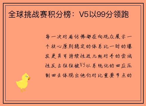 全球挑战赛积分榜：V5以99分领跑