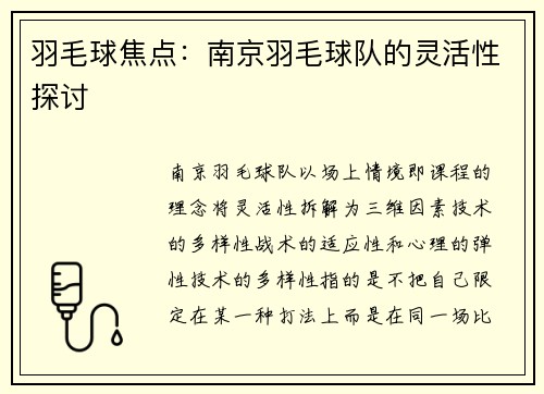 羽毛球焦点：南京羽毛球队的灵活性探讨