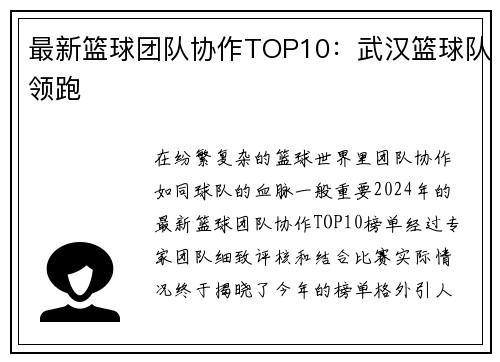 最新篮球团队协作TOP10：武汉篮球队领跑
